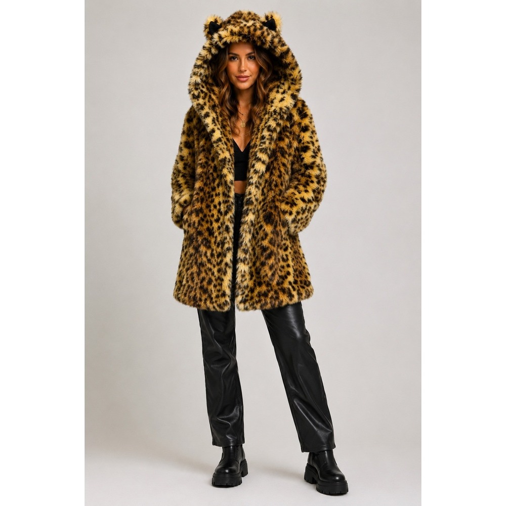 SpiritHoods Faux Fur Coat Womens XS Leopard Print Excellent Hooded Animal Ears